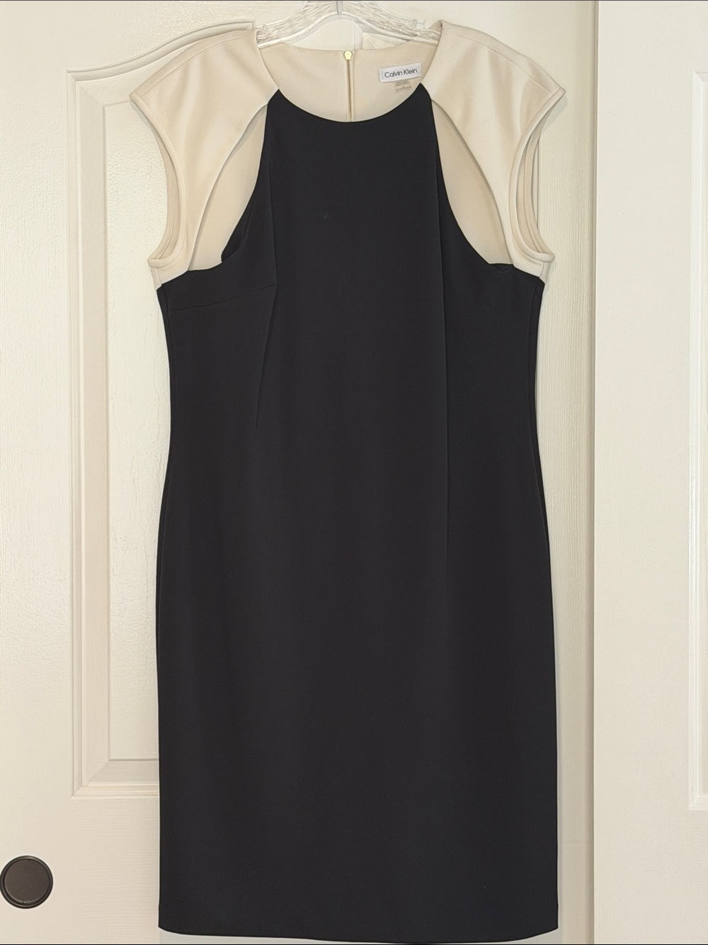 Calvin Klein Black Sheath Dress with Cream Cap Sleeves